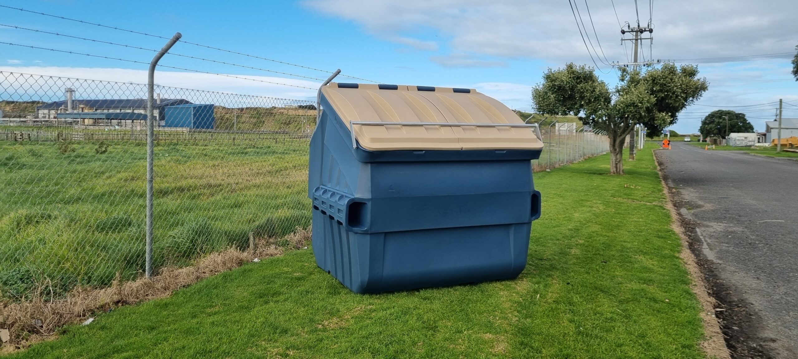 blue front load plastic bin recycling waste management
