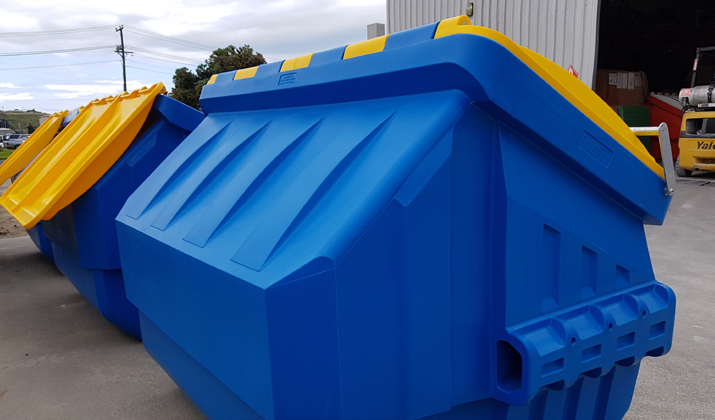blue front end load commercial waste recycling collection bin
